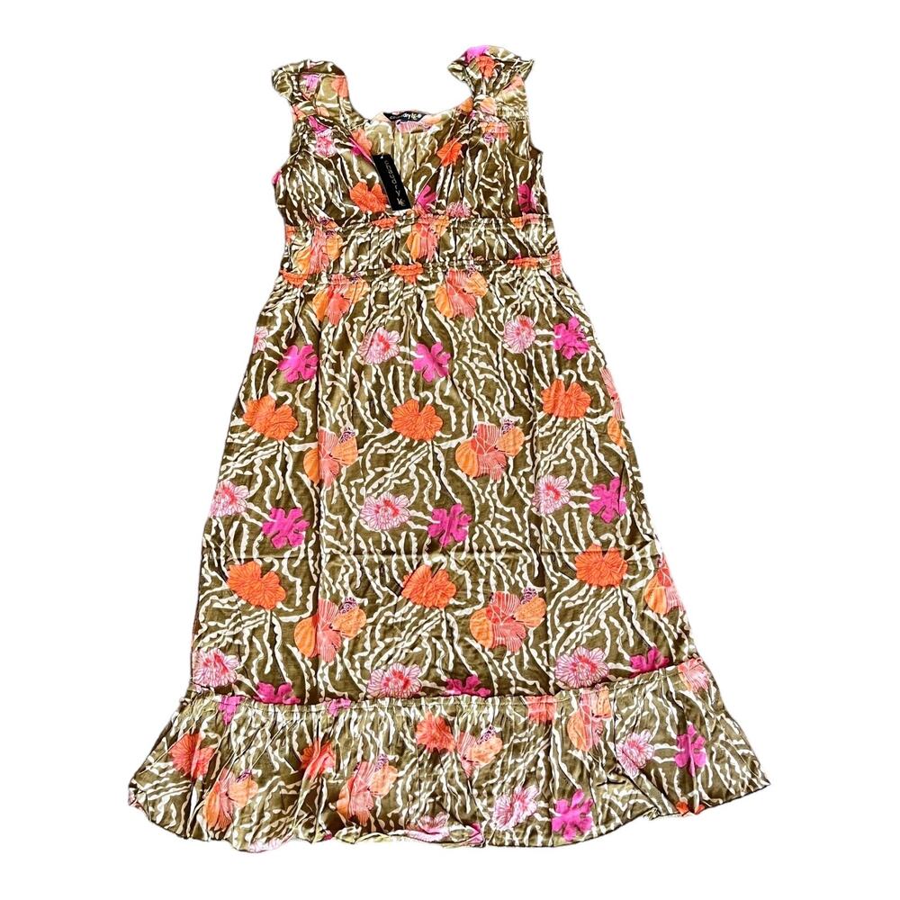 Chaudry Floral Sun Dress Women's Large Midi Pink Poppy Green Viscose New Tags